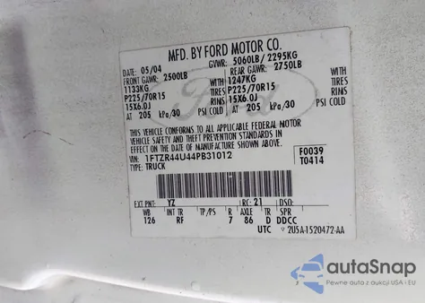 2004 Ford Ranger Edge/Tremor/Xlt из США, поврежденный, VIN 1FTZR44U44PB31012